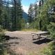 A picnic table on one of the APGAR GROUP SITES surrounded by pine trees