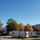Campground with RVs and hot air balloons in the sky.