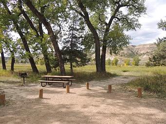 Cottonwood Preview Image shows a campsite with a picnic table framed by cottonwood trees and a bluff in the background